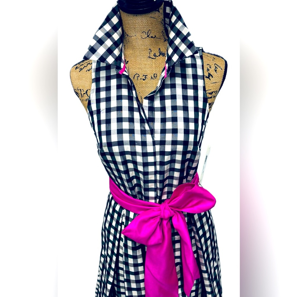 Eliza J Black and White Plaid Dress with Fuchsia Accent